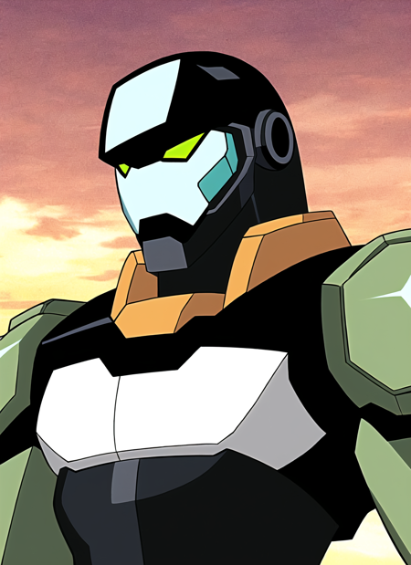 3978527195-4103664851-ben10, solo, no humans, parody, robot, mecha, sky, cloud, upper body, armor, orange sky, green eyes, ((masterpiece)).png